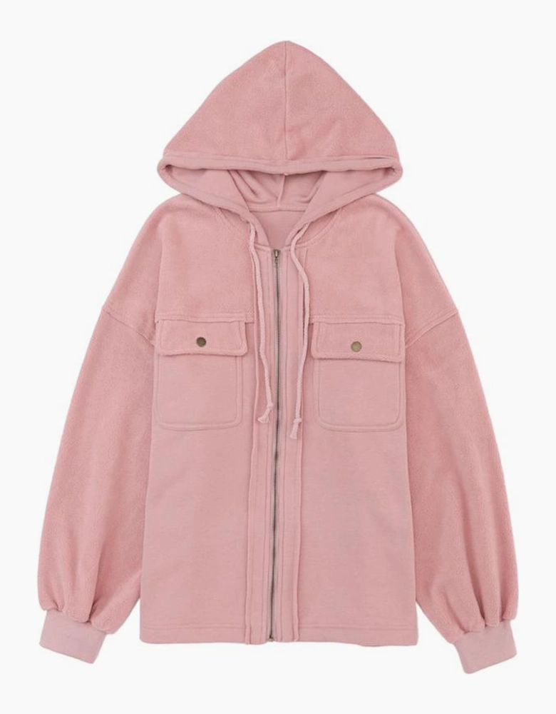 Pink Flap Pocket Drawstring Hood Zip Up Jacket