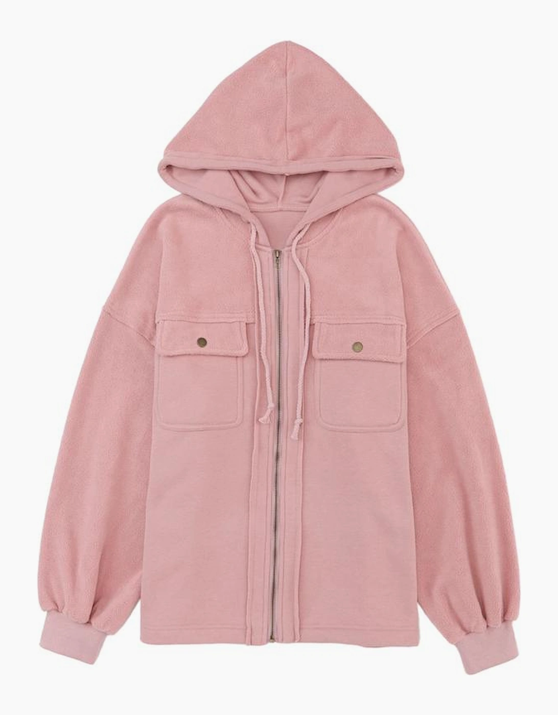 Pink Flap Pocket Drawstring Hood Zip Up Jacket