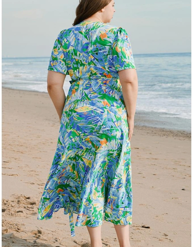 Green Leaves Print Short Sleeve Surplice Neck Ruffled Trim Plus Size Maxi Dress