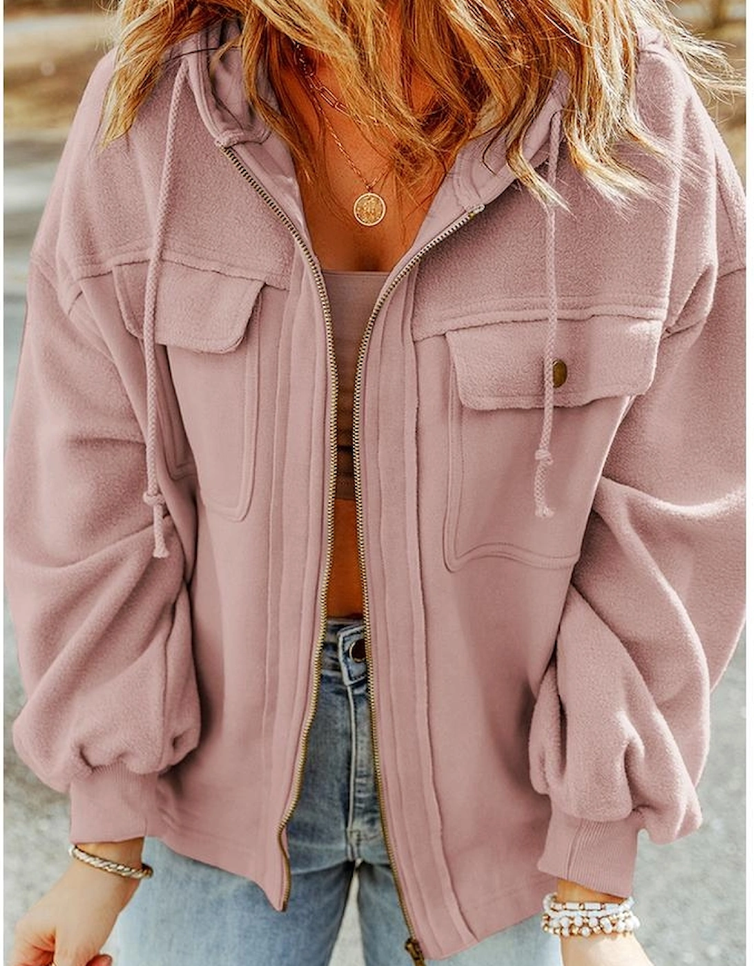 Pink Flap Pocket Drawstring Hood Zip Up Jacket