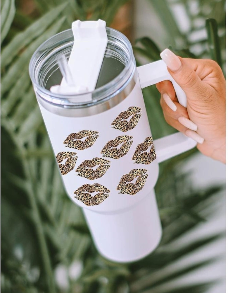 Azura Exchange White Valentine Leopard Lips Print Thermos Cuo with Straw