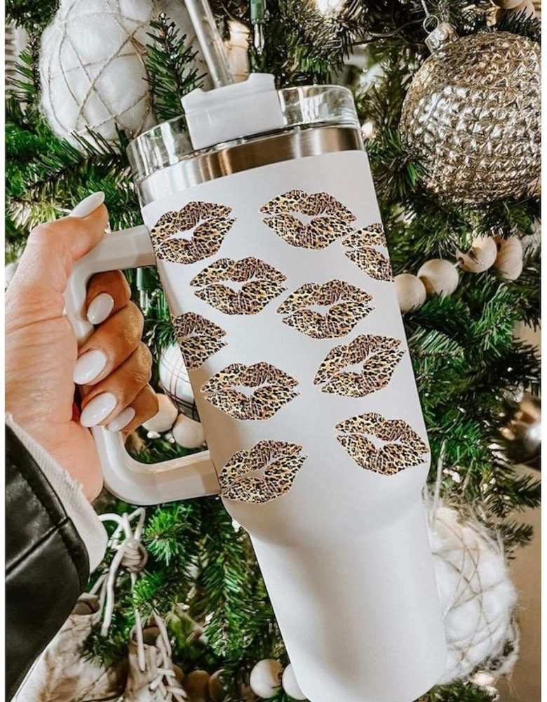 Azura Exchange White Valentine Leopard Lips Print Thermos Cuo with Straw