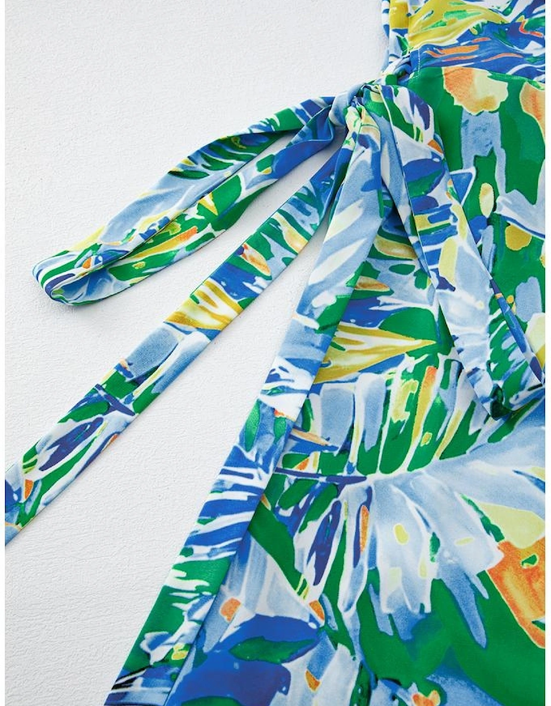 Green Leaves Print Short Sleeve Surplice Neck Ruffled Trim Plus Size Maxi Dress