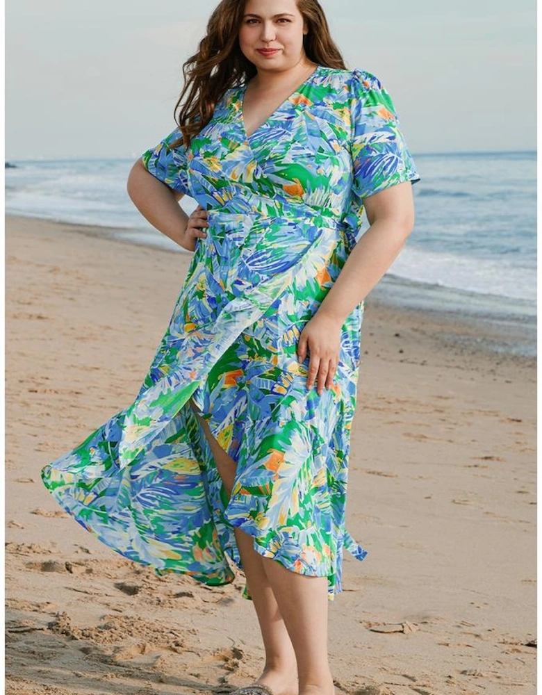 Green Leaves Print Short Sleeve Surplice Neck Ruffled Trim Plus Size Maxi Dress