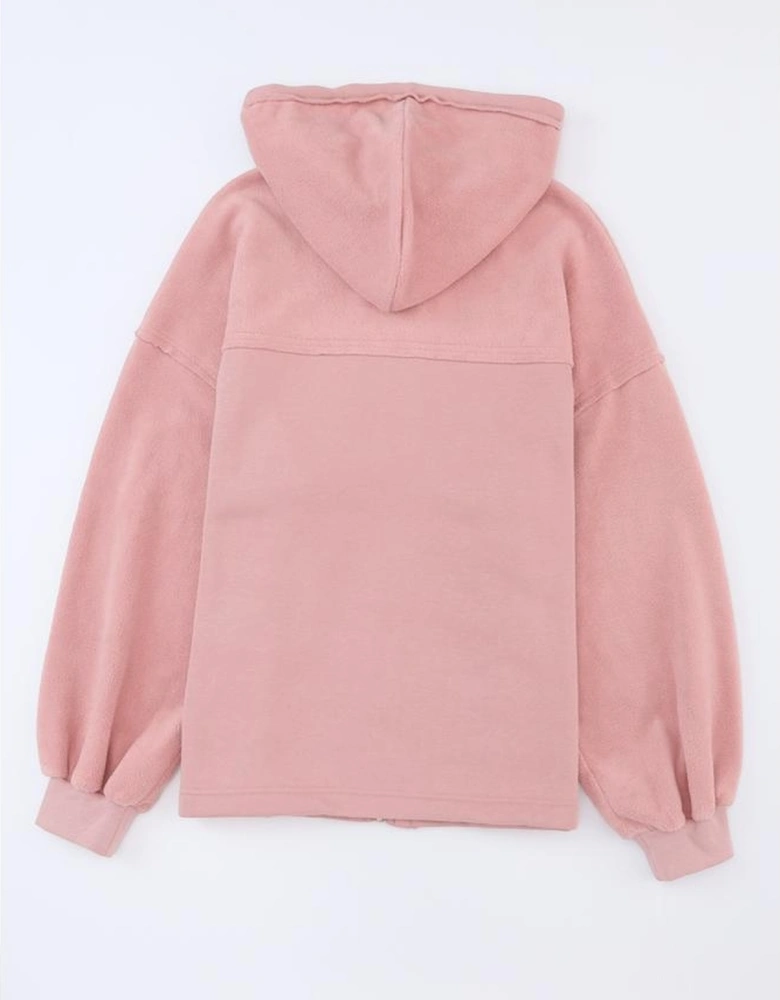 Pink Flap Pocket Drawstring Hood Zip Up Jacket
