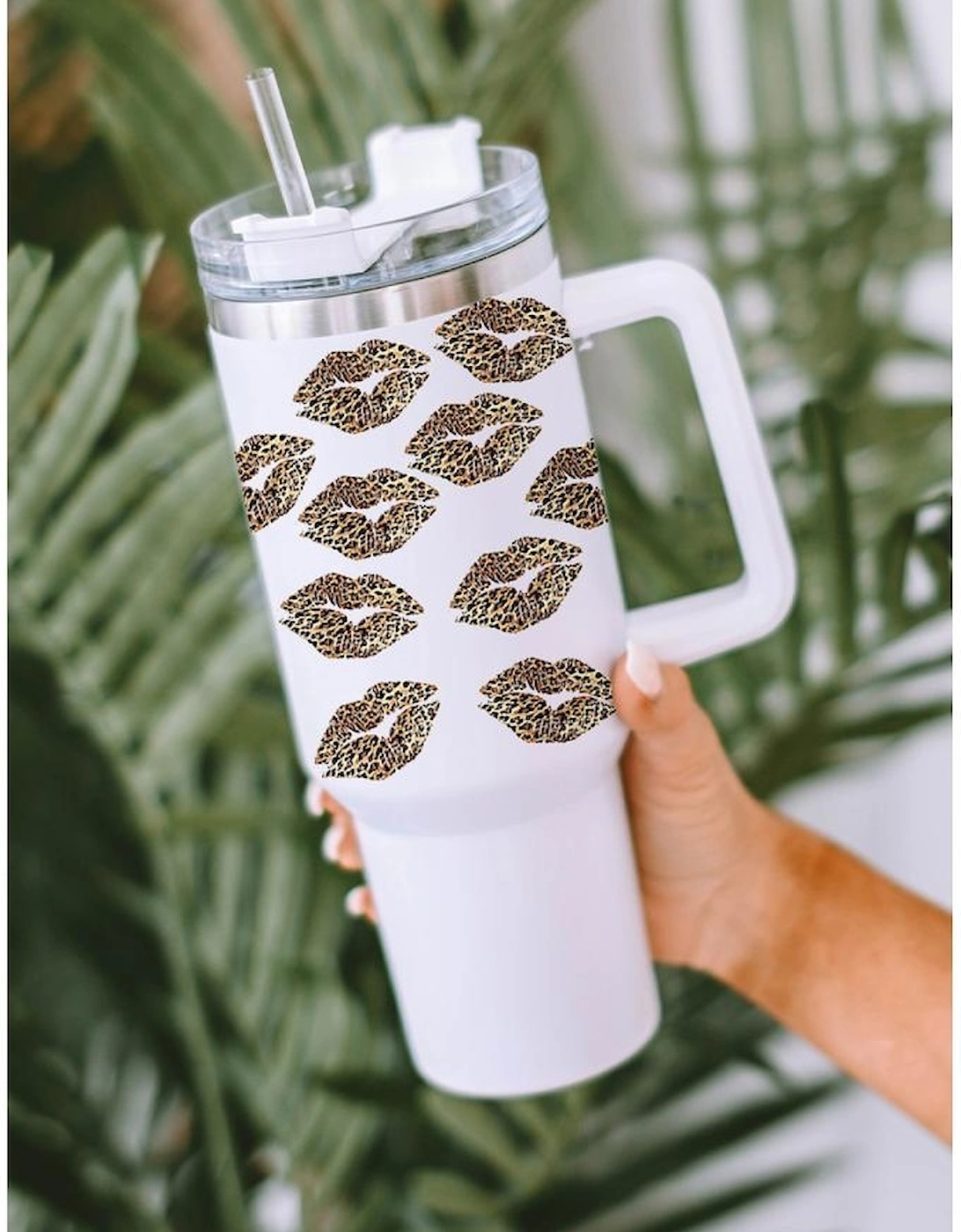 Azura Exchange White Valentine Leopard Lips Print Thermos Cuo with Straw