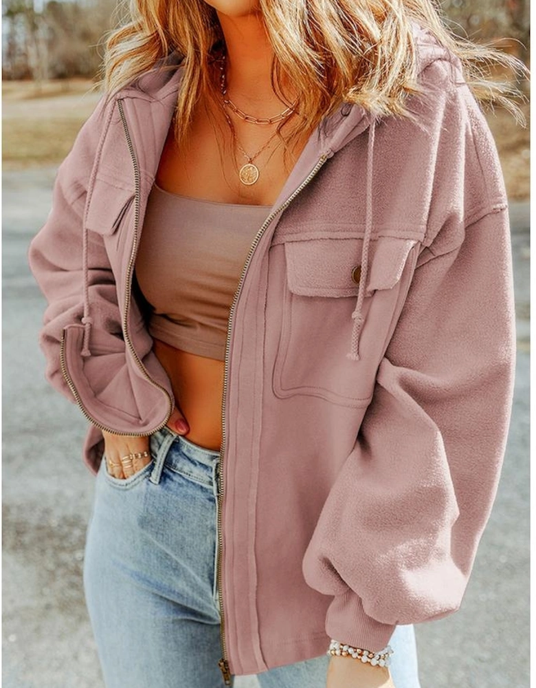 Pink Flap Pocket Drawstring Hood Zip Up Jacket