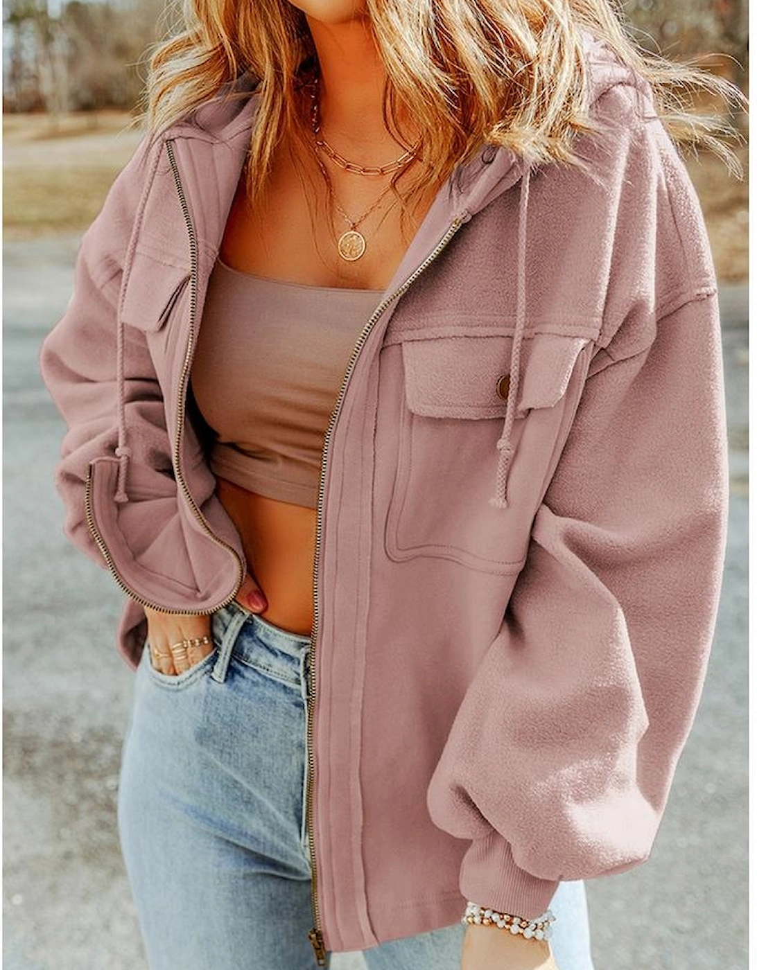 Pink Flap Pocket Drawstring Hood Zip Up Jacket