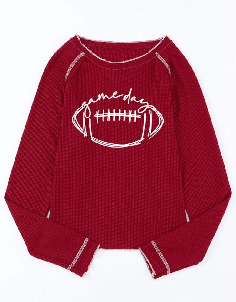 Red Game Day Rugby Football Graphic Thermal Knit Top
