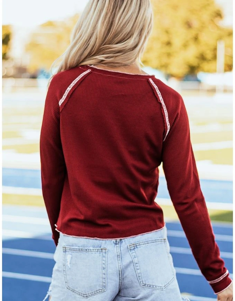 Red Game Day Rugby Football Graphic Thermal Knit Top
