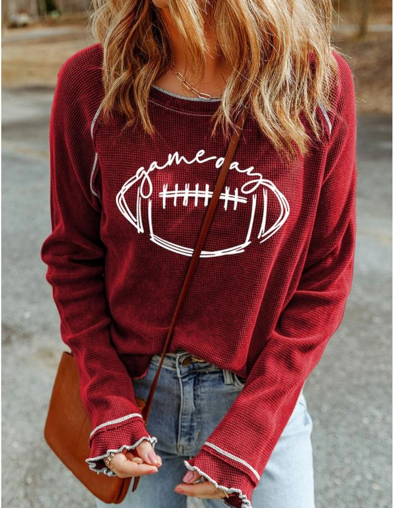 Red Game Day Rugby Football Graphic Thermal Knit Top