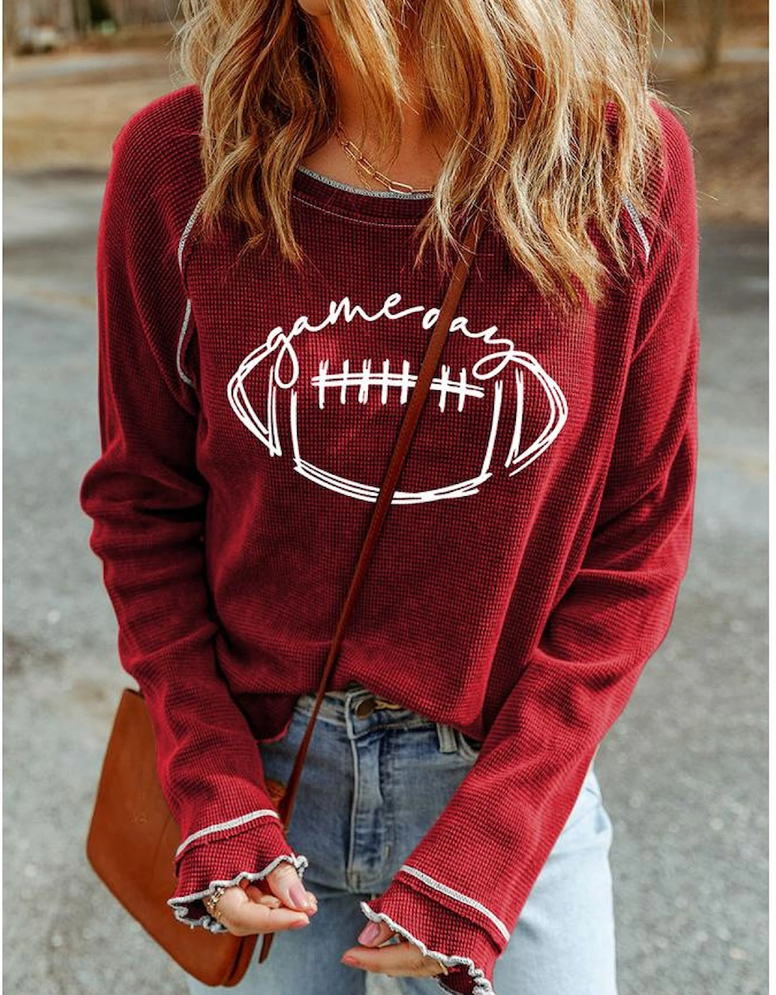 Red Game Day Rugby Football Graphic Thermal Knit Top, 14 of 13