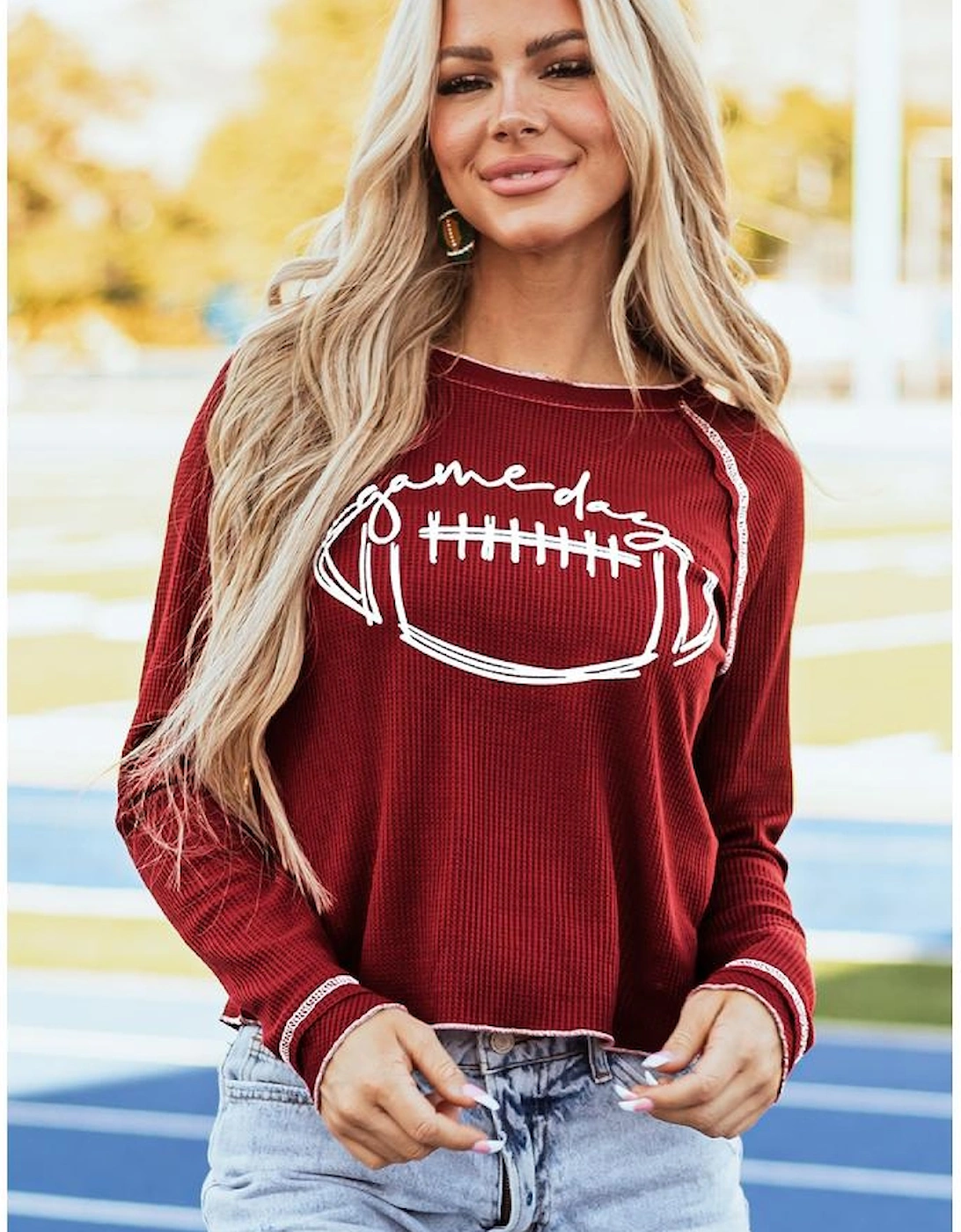 Red Game Day Rugby Football Graphic Thermal Knit Top