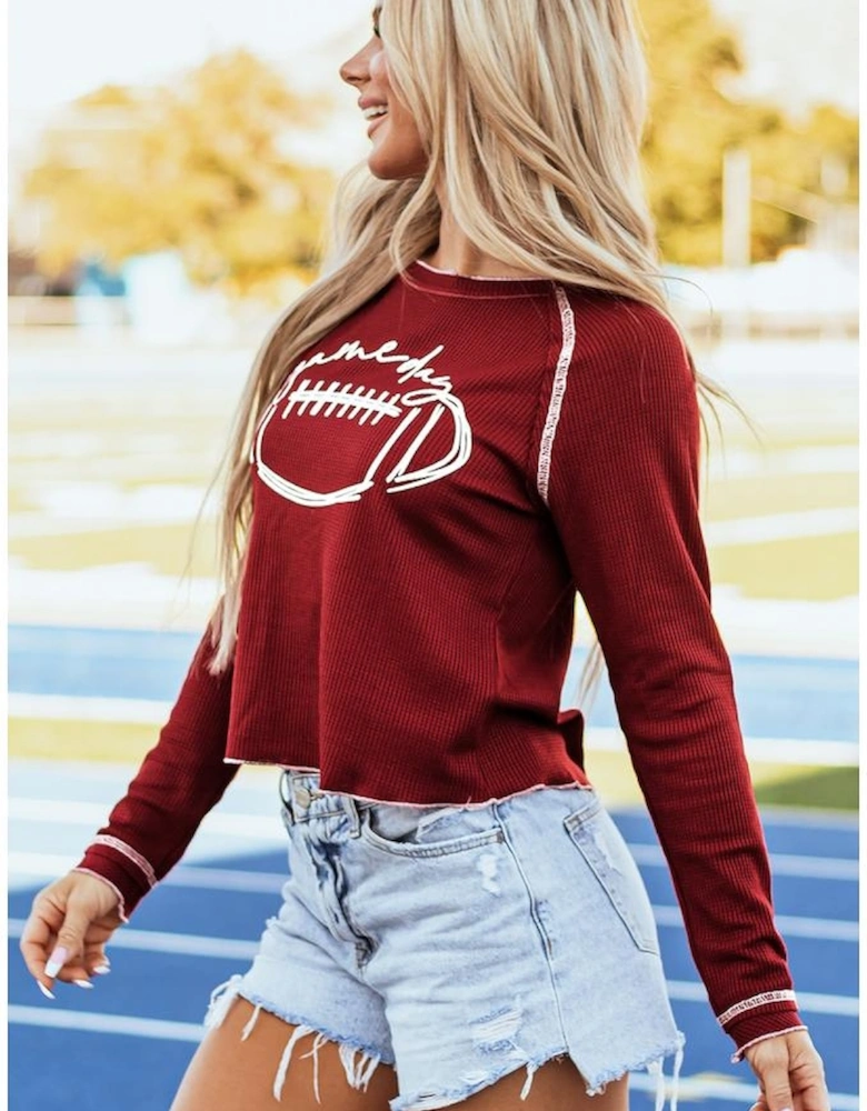 Red Game Day Rugby Football Graphic Thermal Knit Top