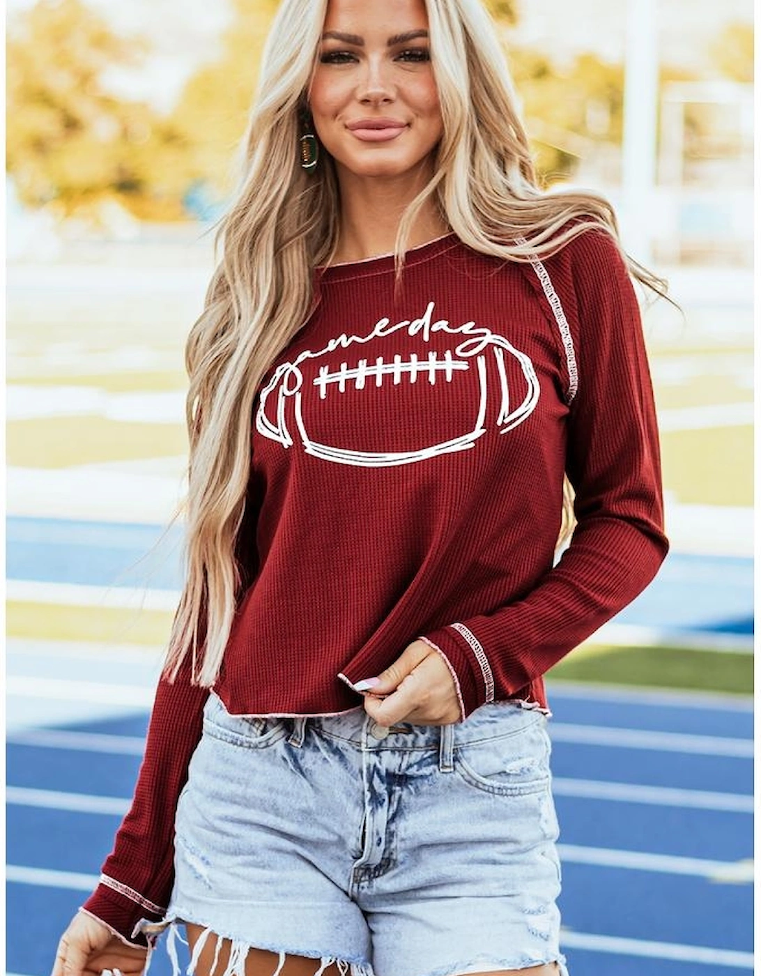 Red Game Day Rugby Football Graphic Thermal Knit Top