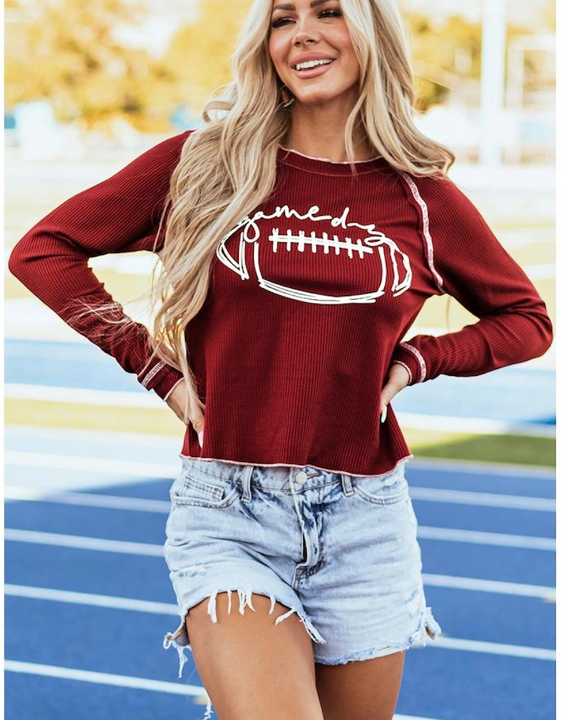 Red Game Day Rugby Football Graphic Thermal Knit Top