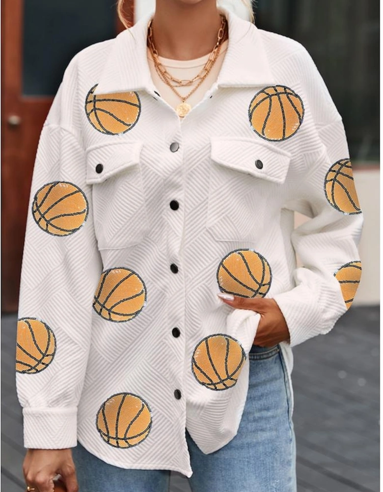 Beige Sequin Basketball Graphic Textured Snap Button Shacket