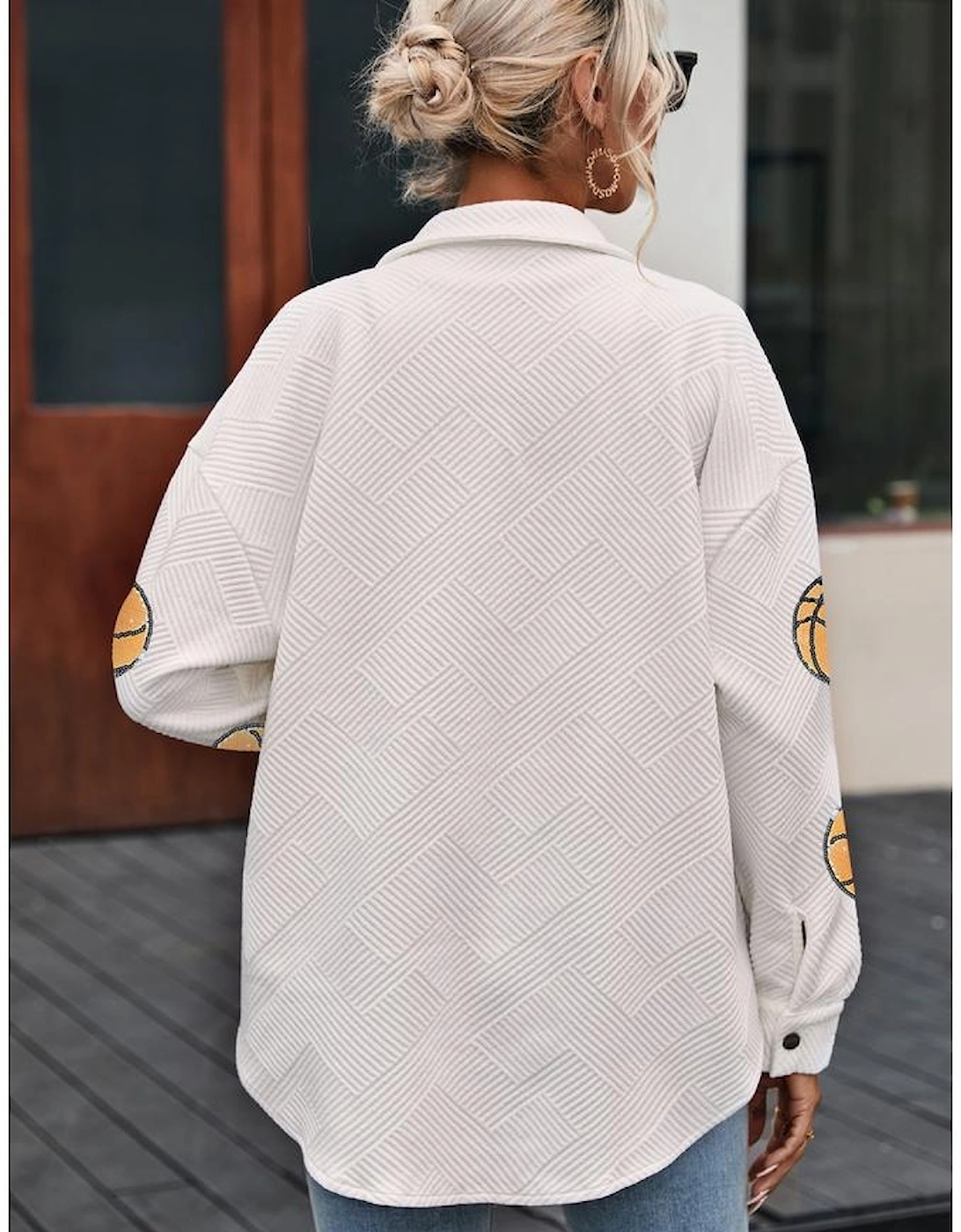 Beige Sequin Basketball Graphic Textured Snap Button Shacket