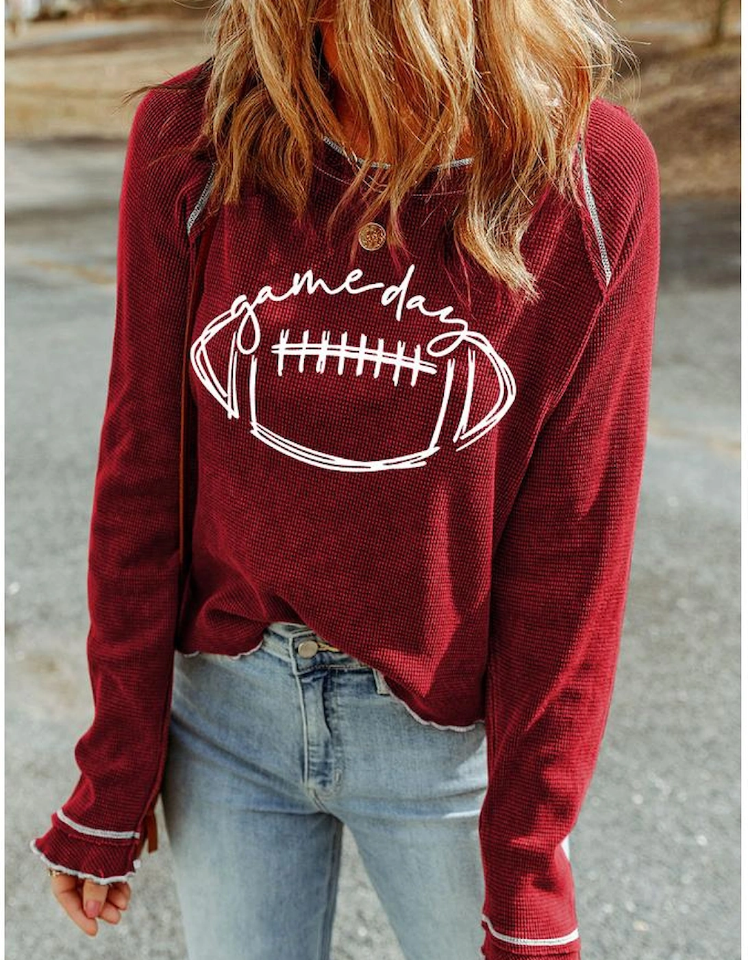 Red Game Day Rugby Football Graphic Thermal Knit Top