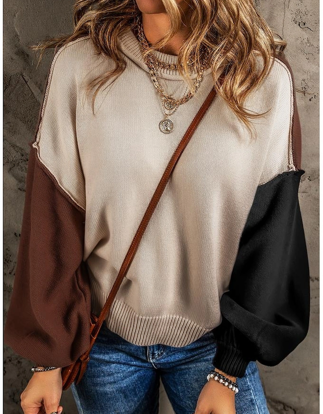 Coffee Colorblock Bishop Sleeve Ribbed Trim Sweater