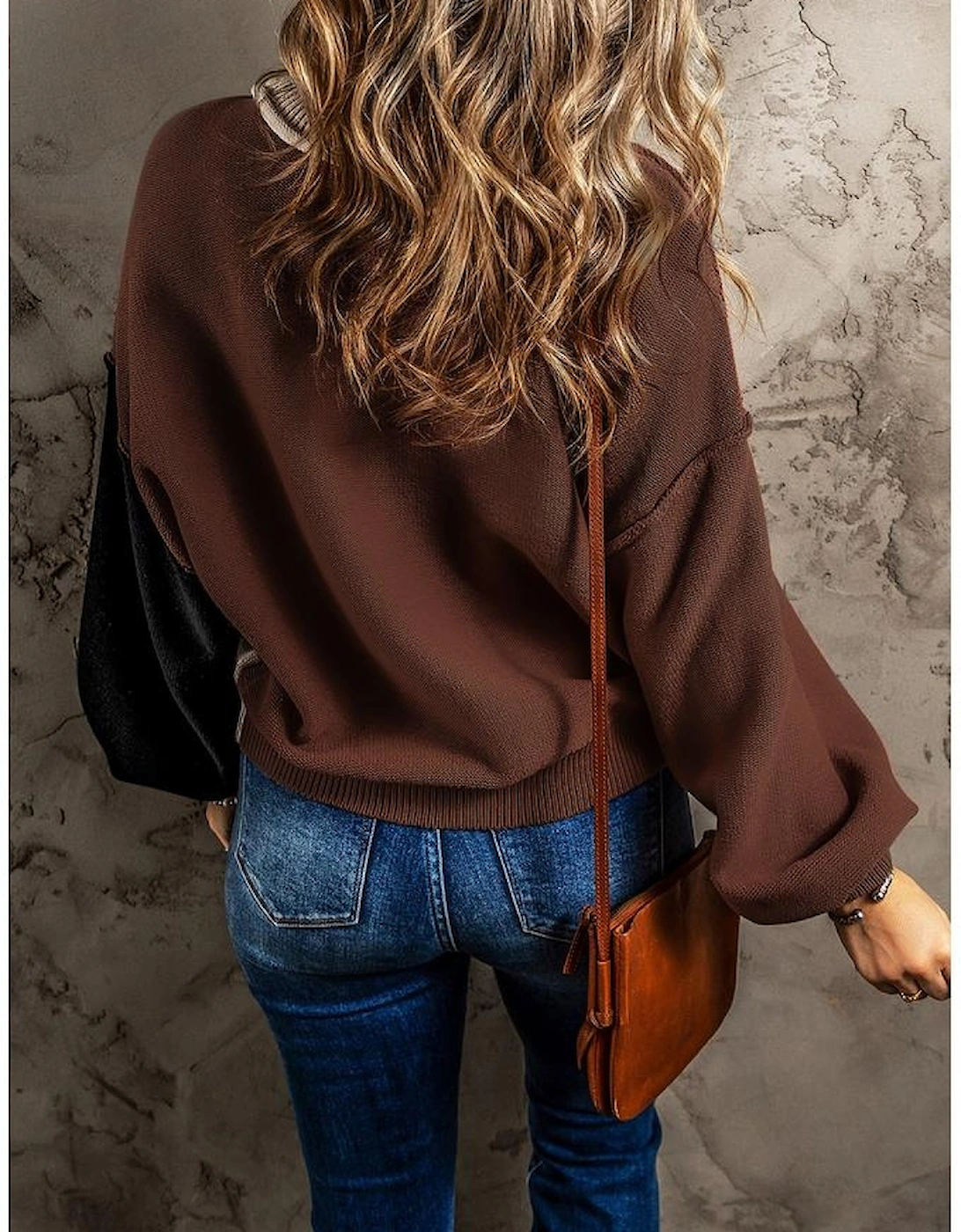 Coffee Colorblock Bishop Sleeve Ribbed Trim Sweater, 3 of 2