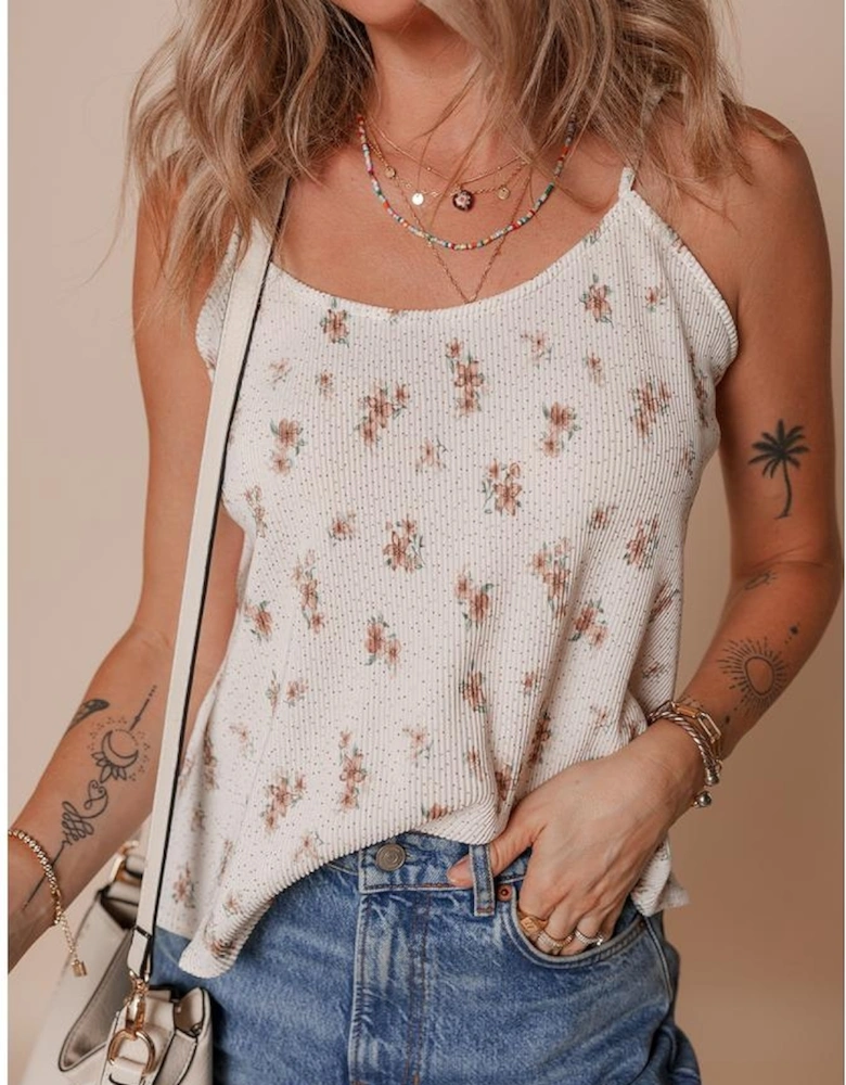 White Floral Pleated Big Bow Back Spaghetti Straps Tank Top