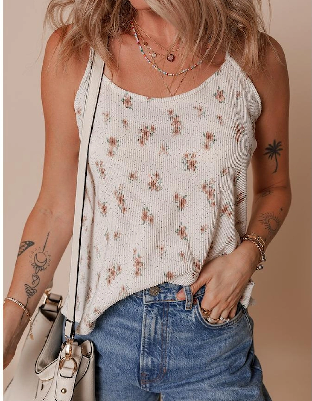 White Floral Pleated Big Bow Back Spaghetti Straps Tank Top