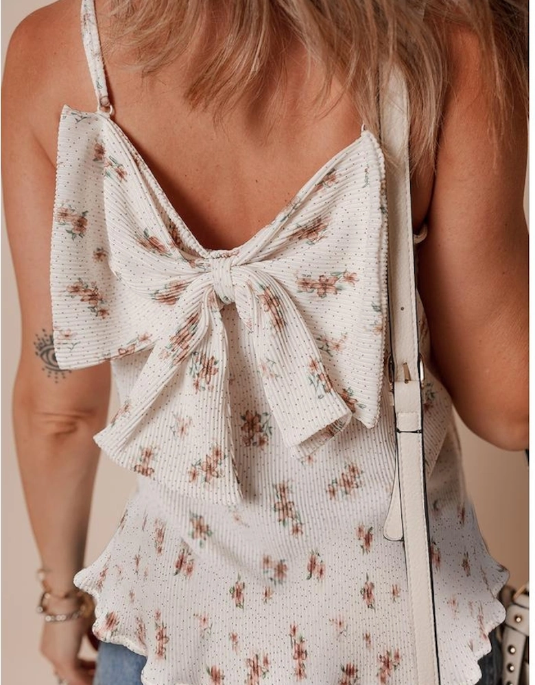 White Floral Pleated Big Bow Back Spaghetti Straps Tank Top