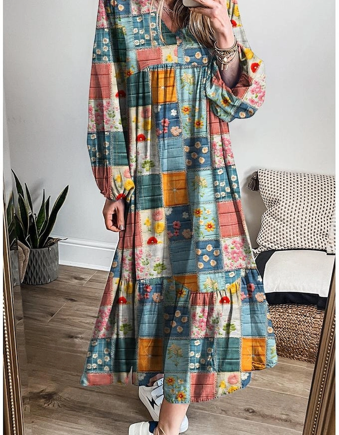 Sky Blue Mix Floral Checkered Pattern Bubble Sleeve Ruffle Hem Dress