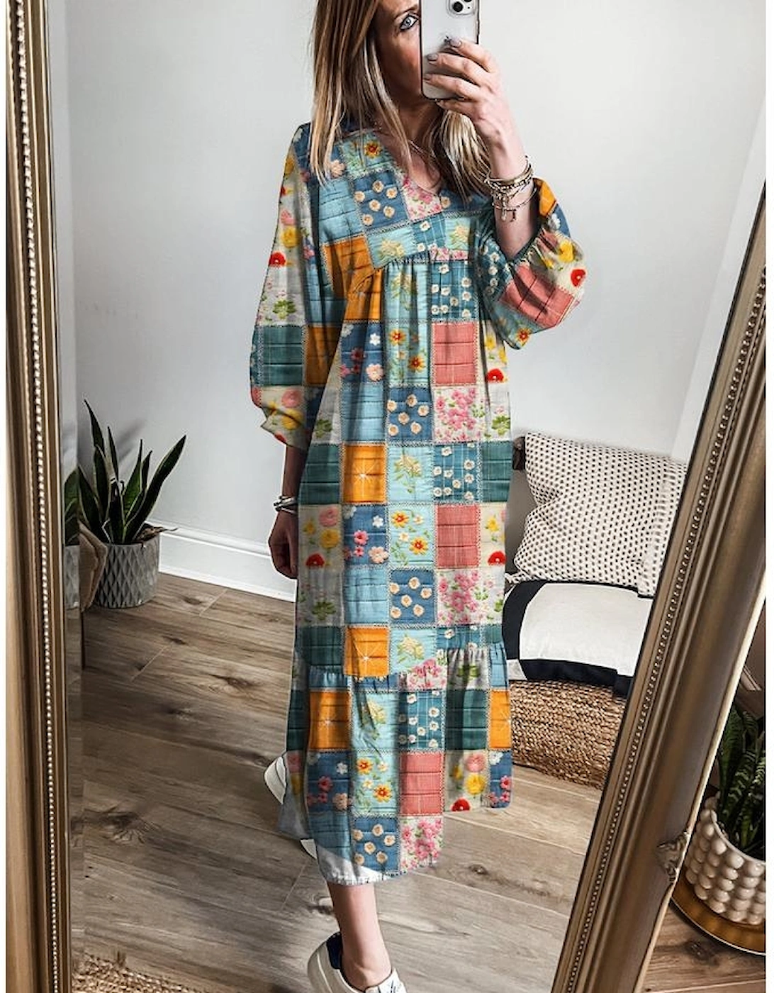 Sky Blue Mix Floral Checkered Pattern Bubble Sleeve Ruffle Hem Dress