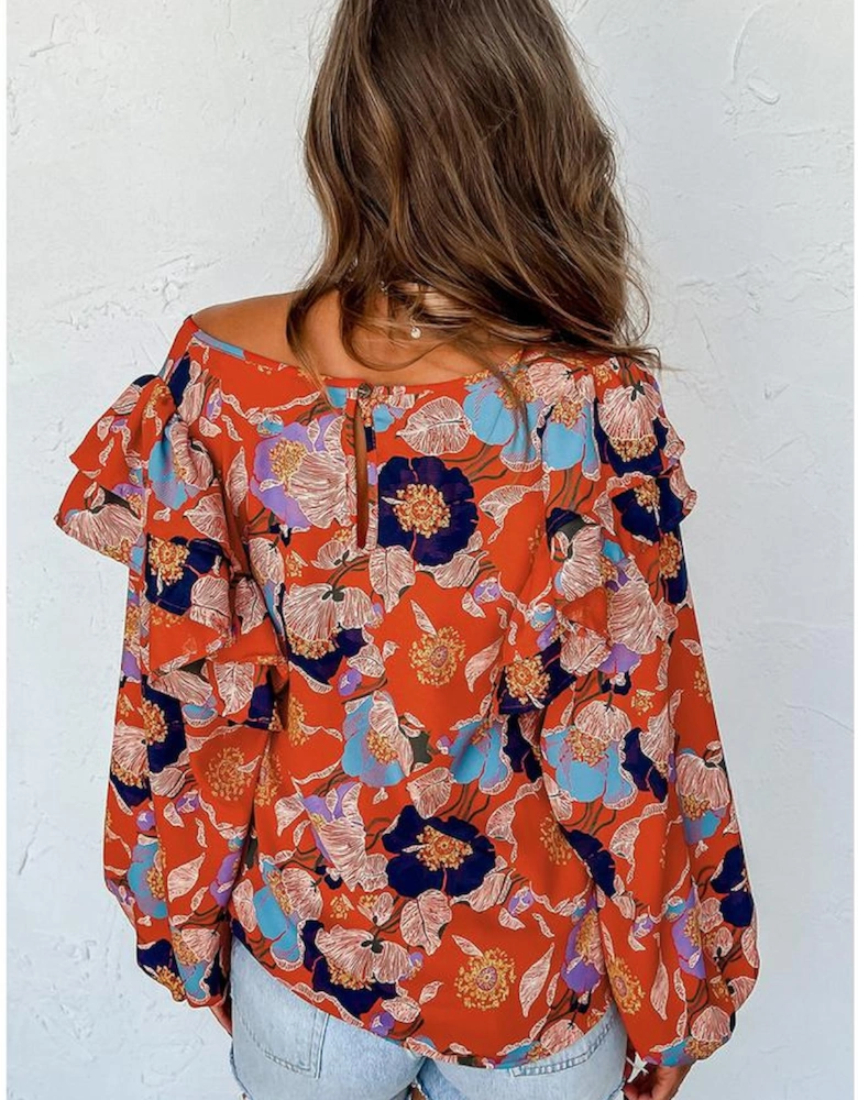 Red Floral Print Ruffle Puff Sleeve Blouse