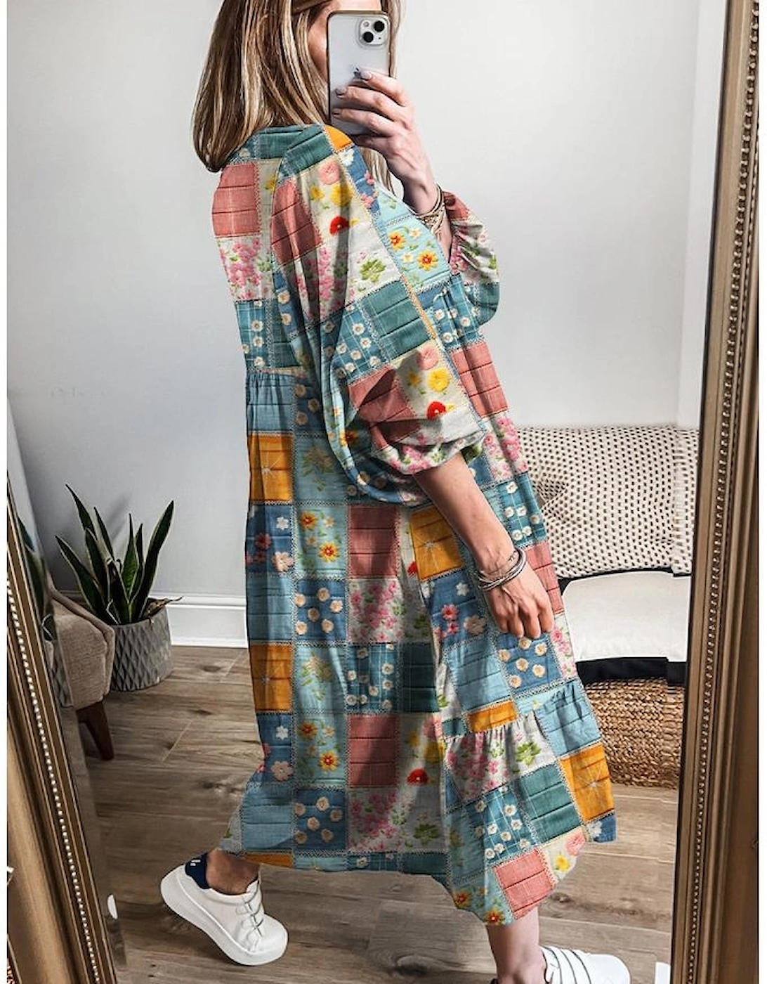 Sky Blue Mix Floral Checkered Pattern Bubble Sleeve Ruffle Hem Dress, 4 of 3