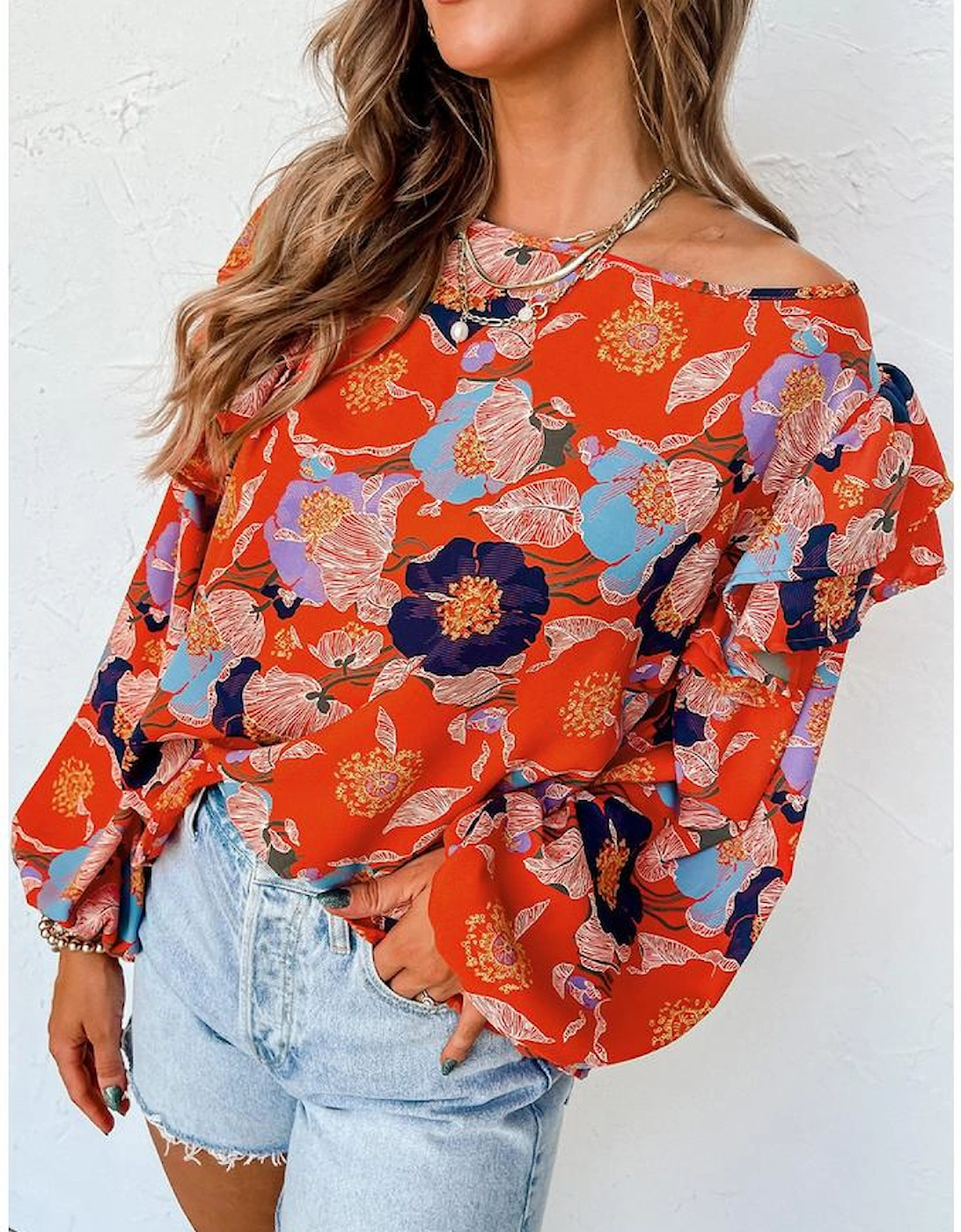 Red Floral Print Ruffle Puff Sleeve Blouse
