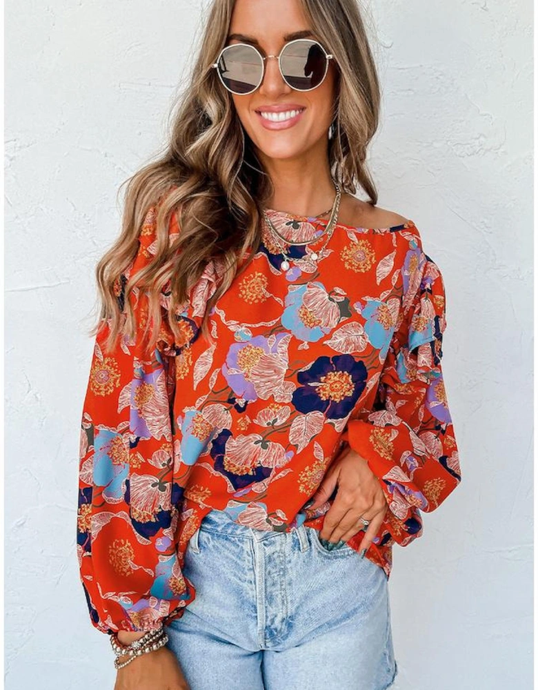 Red Floral Print Ruffle Puff Sleeve Blouse