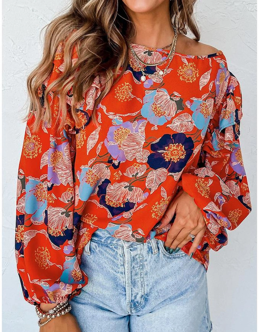Red Floral Print Ruffle Puff Sleeve Blouse