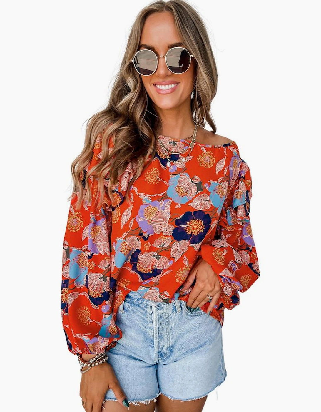 Red Floral Print Ruffle Puff Sleeve Blouse