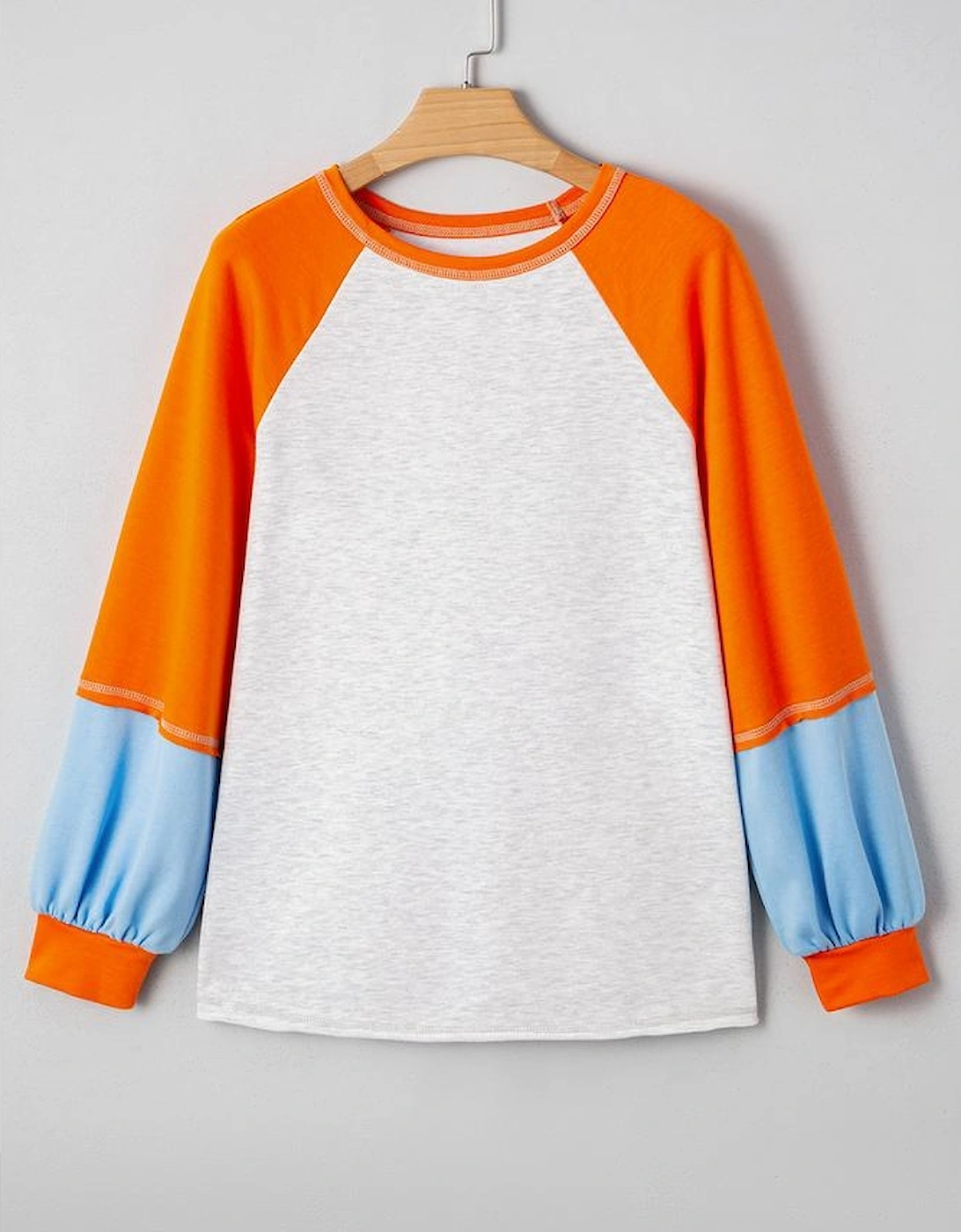 Light Grey Color Block Raglan Sleeve Contrast Stitching Loose Fit Top