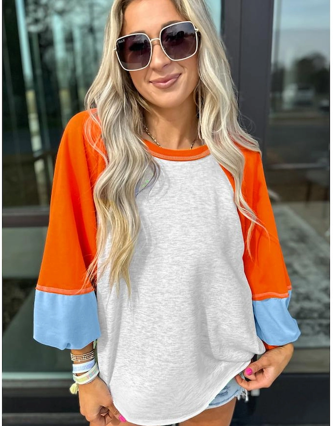 Light Grey Color Block Raglan Sleeve Contrast Stitching Loose Fit Top