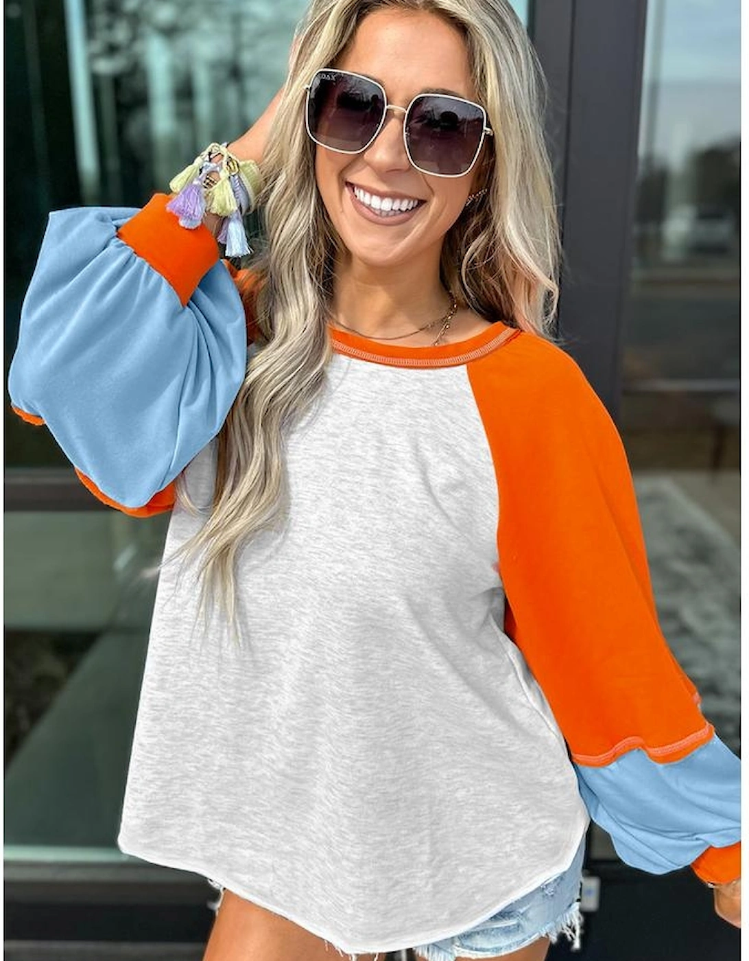 Light Grey Color Block Raglan Sleeve Contrast Stitching Loose Fit Top