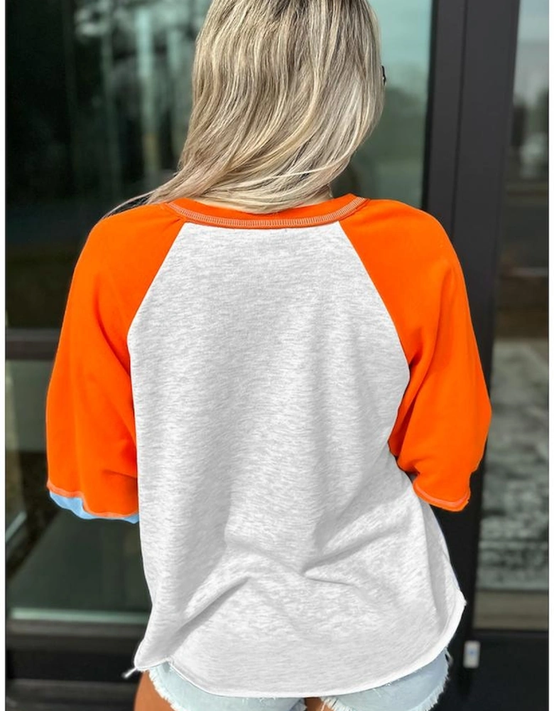 Light Grey Color Block Raglan Sleeve Contrast Stitching Loose Fit Top