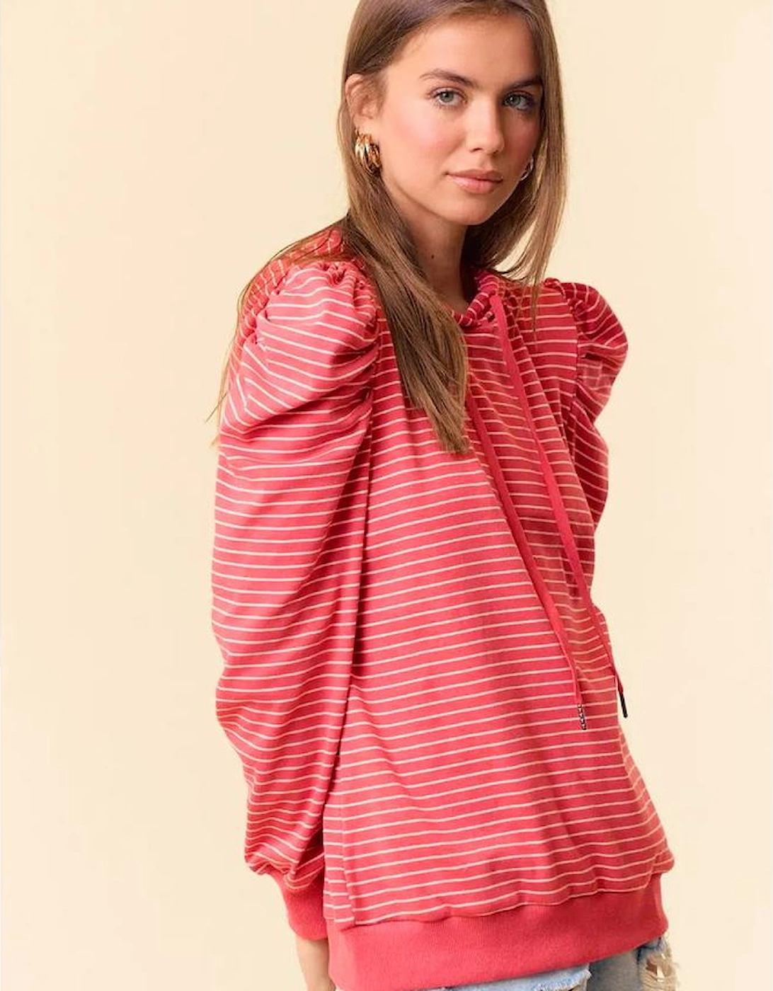 Red Stripe Puff Sleeve Stripe Hoodie