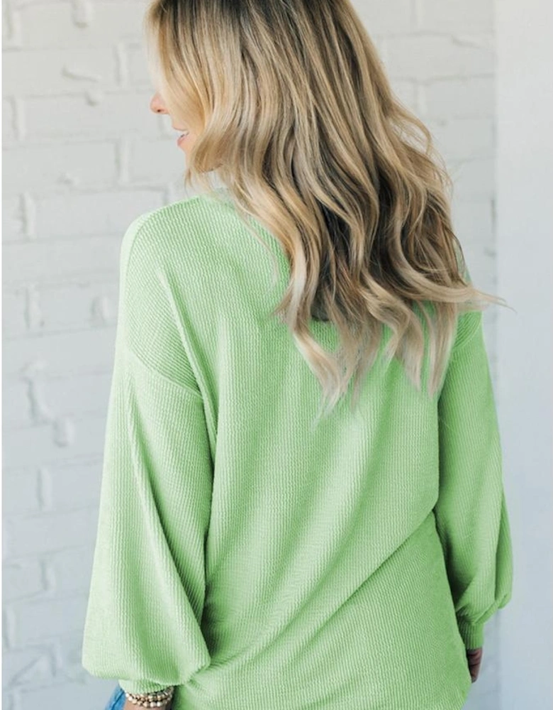 Moonlight Jade Solid Cord Ribbed Drop Shoulder Pullover Top