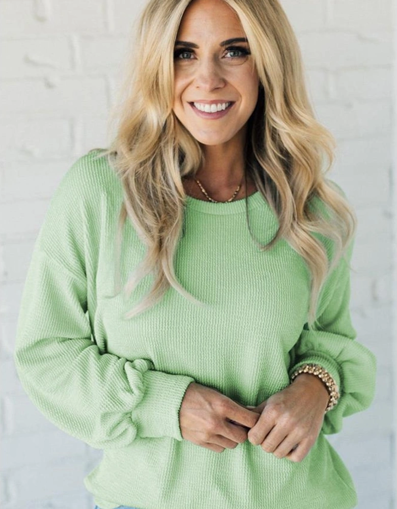 Moonlight Jade Solid Cord Ribbed Drop Shoulder Pullover Top