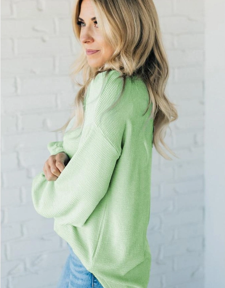Moonlight Jade Solid Cord Ribbed Drop Shoulder Pullover Top