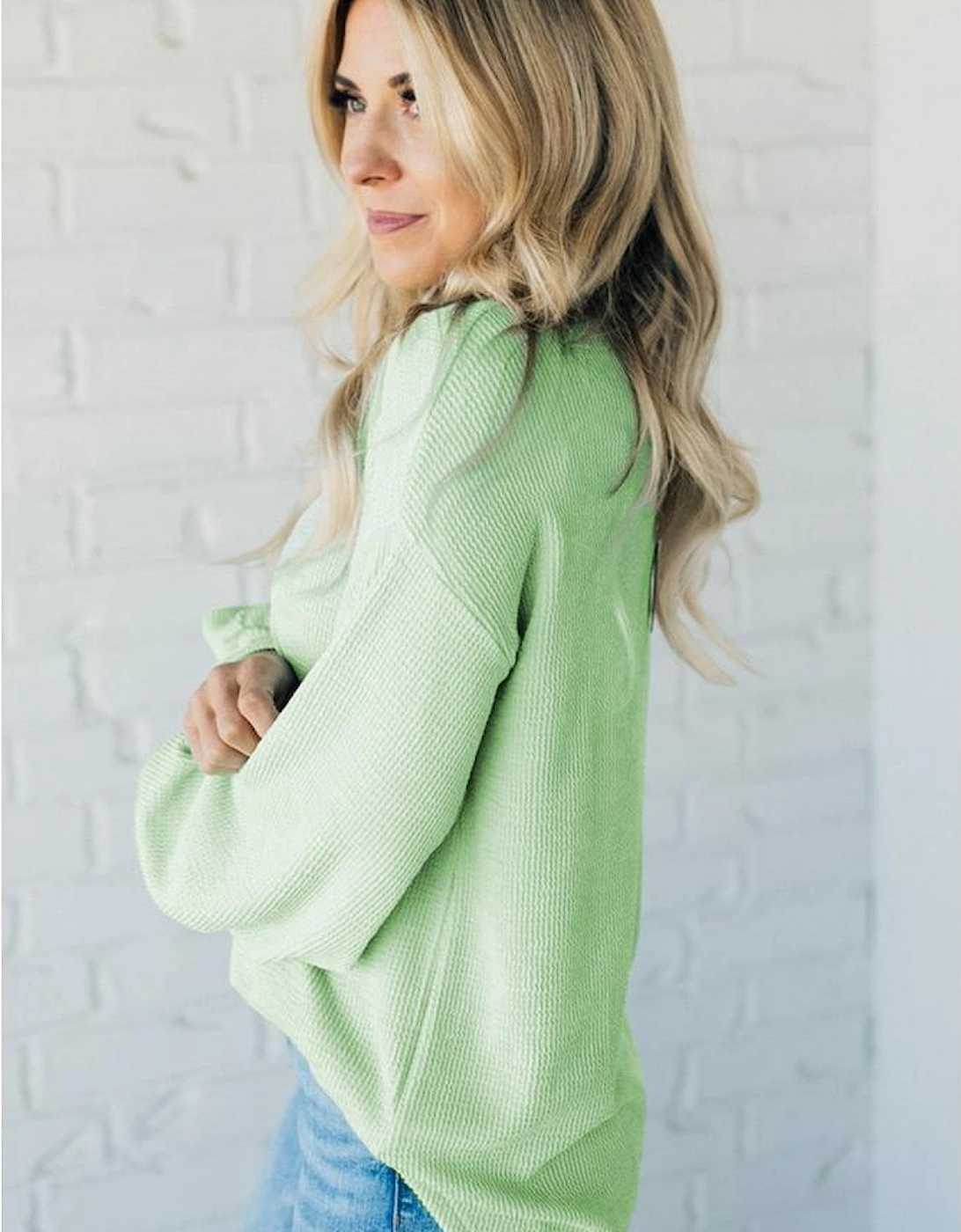 Moonlight Jade Solid Cord Ribbed Drop Shoulder Pullover Top