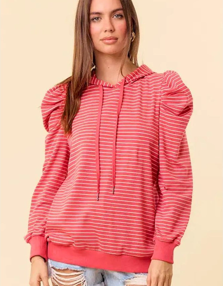Red Stripe Puff Sleeve Stripe Hoodie
