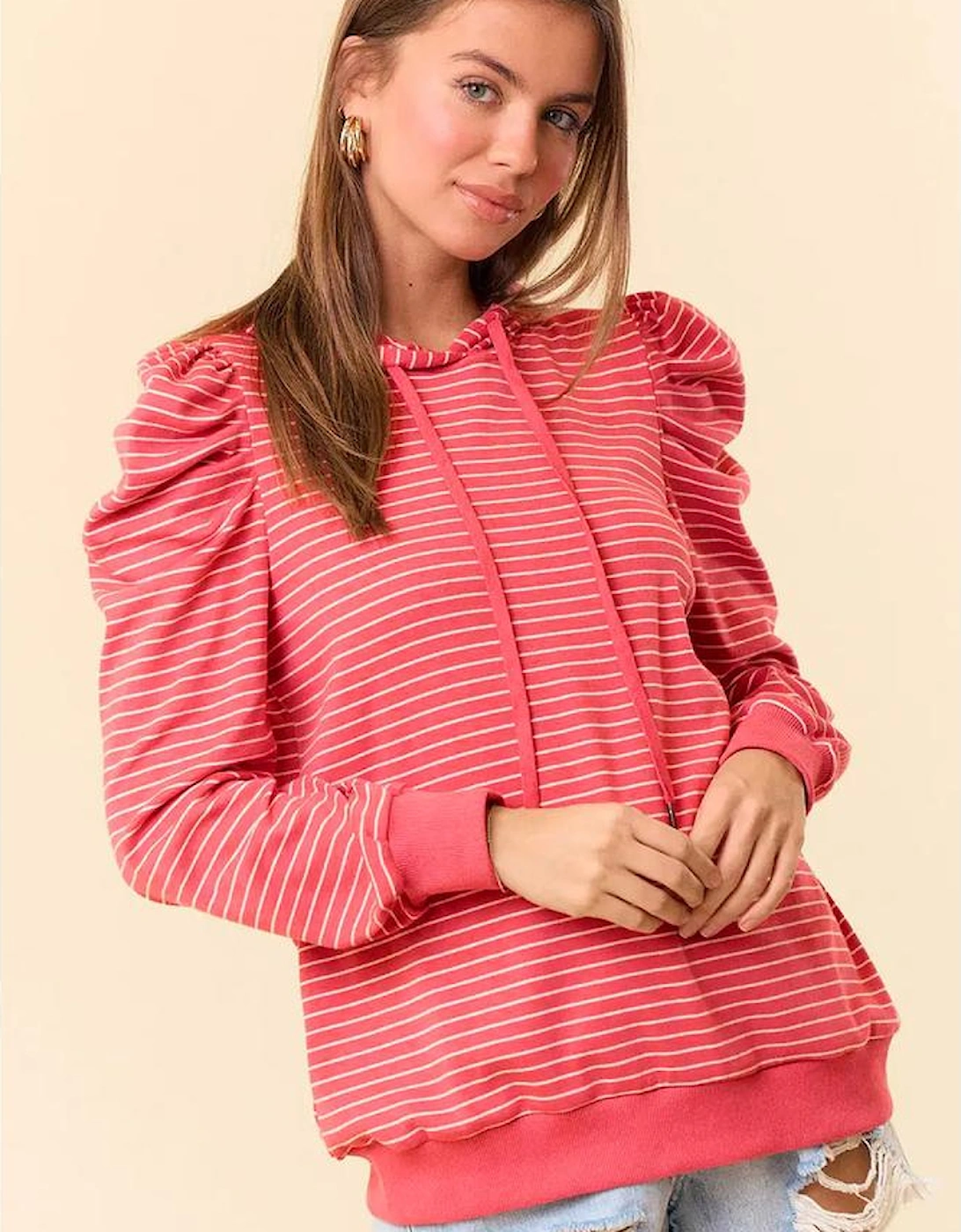 Red Stripe Puff Sleeve Stripe Hoodie