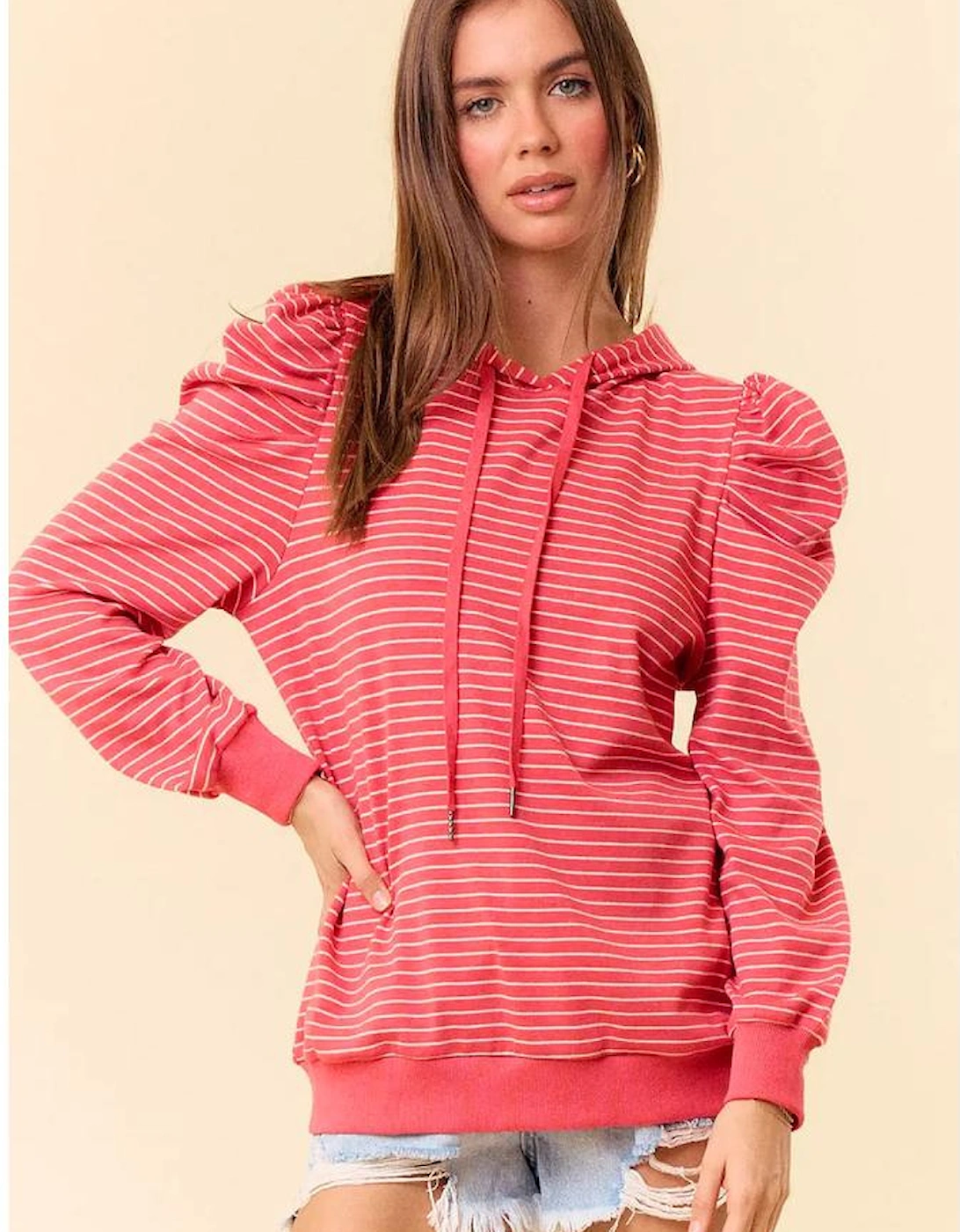 Red Stripe Puff Sleeve Stripe Hoodie