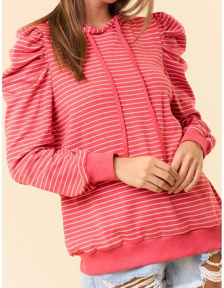 Red Stripe Puff Sleeve Stripe Hoodie