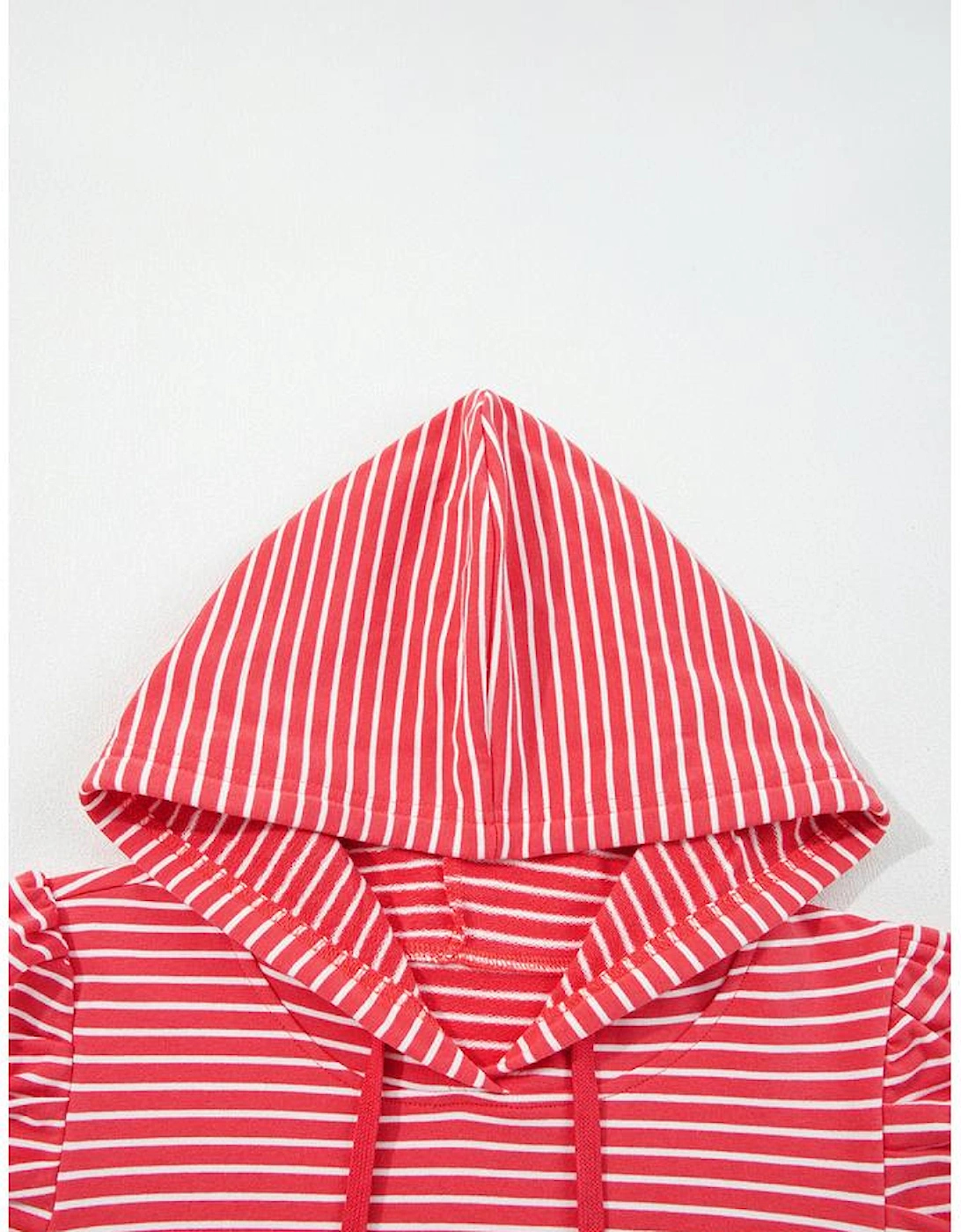 Red Stripe Puff Sleeve Stripe Hoodie